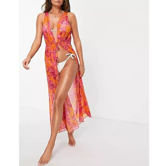 💕TED BAKER💕 Rosaliy Full Length Swim  Cover Up ~ Bright Pink Print Large NWT - Picture 2 of 16